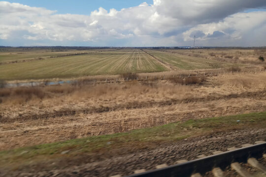 View Of Outside Landscape, Shot From Running Super Fast Bullet Train From Moscow To St. Petersburg.