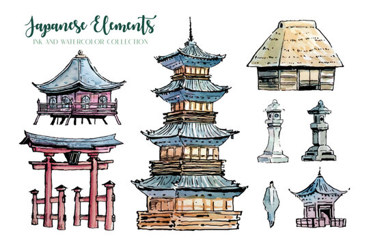 Japanese Elements Ink And Watercolor Collection 2. 