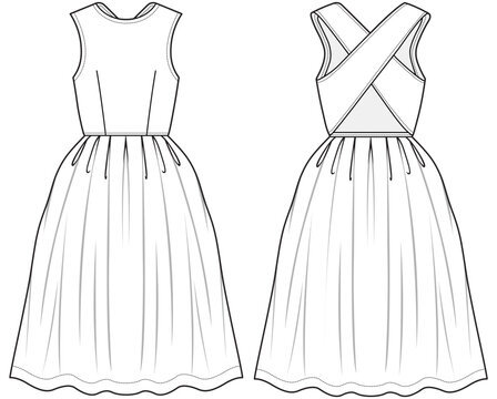 skater dress with cross back front and back view fashion flat sketch vector illustration technical cad drawing template.