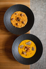 Seasonal pumpkin food at the restaurant. Food photography.