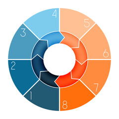 Infographic templates, pie chart and colored arrows 8 positions, isolated
