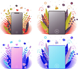 An empty tablet screen and smartphone screen in vertical orientation with leaves and plants. Vector illustration