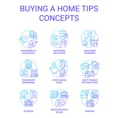 Homebuying tips blue gradient concept icons set. Buy new house. Real estate purchase process idea thin line color illustrations. Isolated symbols. Roboto-Medium, Myriad Pro-Bold fonts used