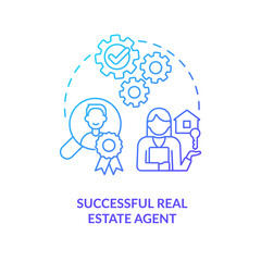 Obraz premium Successful real estate agent blue gradient concept icon. Buying house assistance. Property dealer abstract idea thin line illustration. Isolated outline drawing. Myriad Pro-Bold font used