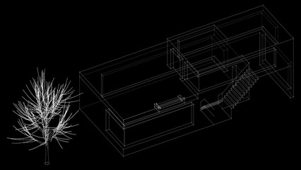  drawing of a house on a black background