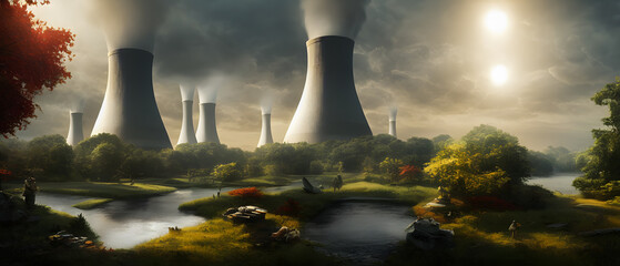 Artistic concept illustration of a nuclear power plant, background illustration.