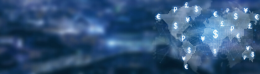 World map with a currency symbols and network. World global currency exchange. Money transfer. Business. Finance. Technology