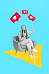 3d retro abstract creative artwork template collage of happy smiling lucky lady rising fist...