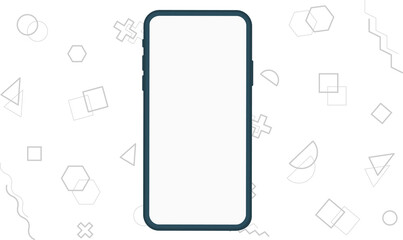 Green smartphone with retro abstract 80 s 90 s design pattern background. Memphis style with geometrical shapes of different vintage colors