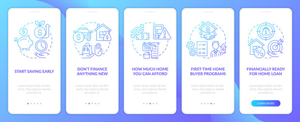 Buying home lifehacks blue gradient onboarding mobile app screen. Real estate walkthrough 5 steps graphic instructions with linear concepts. UI, UX, GUI template. Myriad Pro-Bold, Regular fonts used