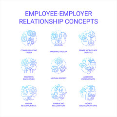 Employee employer relationship blue gradient concept icons set. Engage workers. Relations in workplace idea thin line color illustrations. Isolated symbols. Roboto-Medium, Myriad Pro-Bold fonts used