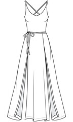 womens split hem strappy maxi dress flat sketch vector illustration technical cad drawing template