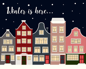 Obraz na płótnie Canvas Christmas winter city street with small houses poster. Background for greeting cards, postcards, letters, labels, web, etc.