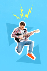 Exclusive magazine picture sketch image of cool happy guy playing electric guitar isolated painting background