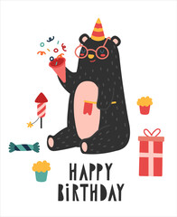 Happy birthday. Сartoon bear hand drawing lettering with decorative elements. Colorful holiday illustration. flat style. Design for greeting cards, print. SImple vector cartoon illustration