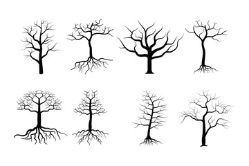Dead tree silhouettes vector. Dying black scary Spooky trees forest illustration image
