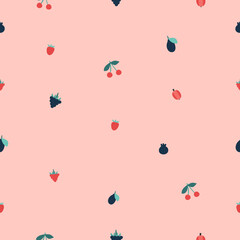 Summer vector pattern of cherries, gooseberries, blackberries, raspberries, strawberries, plums. Element for your design textile, fabric, scrapbooking paper, wallpaper, menu cafe,label and packaging