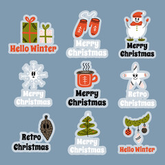 Vintage flat gift card with colorful winter stickers style 80s on white background. Vintage design style. Retro design. Concept art. White isolated background. Creative design.
