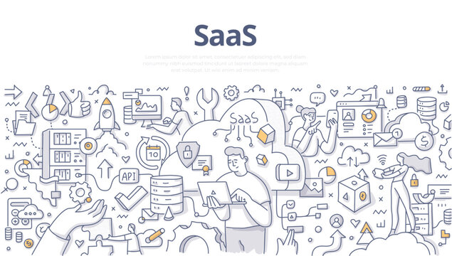 SaaS. Software as a service. Concept of cloud provider delivering an application over internet. Doodle vector illustration