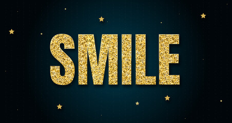 smile in shiny golden color, stars design element and on dark background.