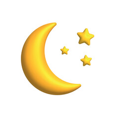 Vector 3d style cute moon with stars simple icon or illustration isolated on white background