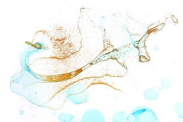 Light Blue and Gold Watercolor Abstract Texture with Drops.