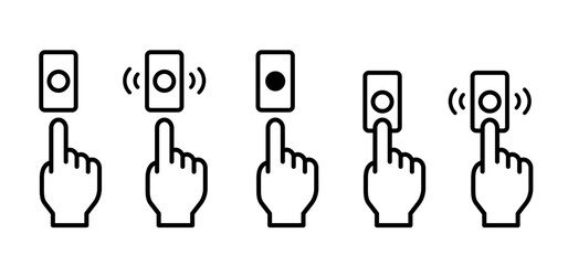 Wireless, doorbell icon or logo. Hand pushing on the button. For smart house, home or office place. Ring the door bell pictogram. Pressing the doorbell sign. Hand push the bell. - obrazy, fototapety, plakaty