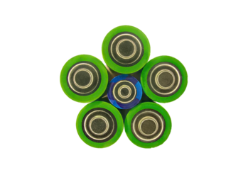 One blue size AAA battery surrounded by five green size AA batteries on transparent  background