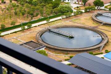 Sedimentation tank of a sewage treatment plant in the city