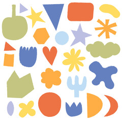 Abstract contemporary modern trendy geometric vector illustration. Stamp texture. Set of hand drawn various shapes and doodle objects. Elements are isolated. Cartoon style. Flat design.