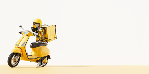 3D Online food order and food delivery service.carrier on freight scooter and delivery bag,Yellow and white color background.Food delivery Yellow moto scooter driver with red backpack and delivery box