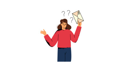 A woman with a letter in her hand. A paper envelope. A happy woman received a letter
