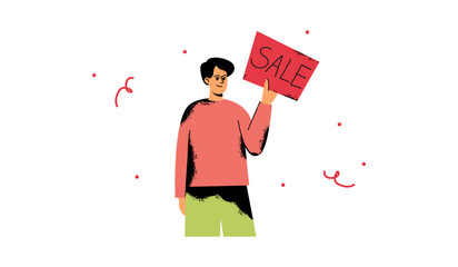 The man shows a sign with the word sale.  A man holds a poster. Sale, sale announcement