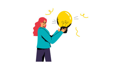 The girl is holding a light bulb in her hands. The concept of a new idea. Vector illustration on a white background