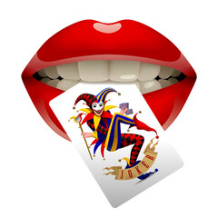Women's sexy glossy red lips with a Joker playing card in their teeth isolated on white