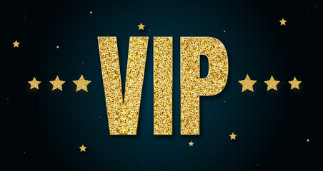 vip in shiny golden color, stars design element and on dark background.