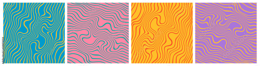 Leinwandbilder Set of Retro Wavy Seamless Trippy Patterns in Psychedelic Colors. Abstract Vector Swirl Backgrounds. 1970 Groovy Aesthetic Textures with Flowing Waves