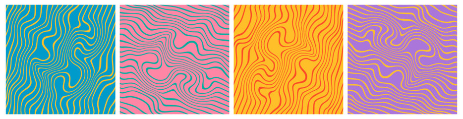 Set of Retro Wavy Seamless Trippy Patterns in Psychedelic Colors. Abstract Vector Swirl Backgrounds. 1970 Groovy Aesthetic Textures with Flowing Waves
