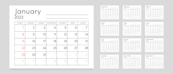 Classic monthly calendar for 2023. Minimalist calendar with space for notes. The week starts on Sunday.