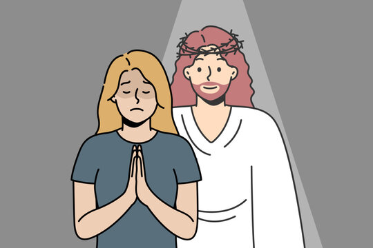 Christian woman prays to God with her palms together in prayer. Jesus Christ appeared to blonde girl in response to her request. Angel appeared in crisis moment, despair to give comfort, hope, love.