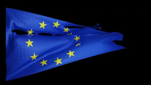 Tattered flag with Europe Union logo flutters in a strong, stormy wind. 3D CG.
Alpha channel. 4K UHD. Looping animation. ProRes 4444.