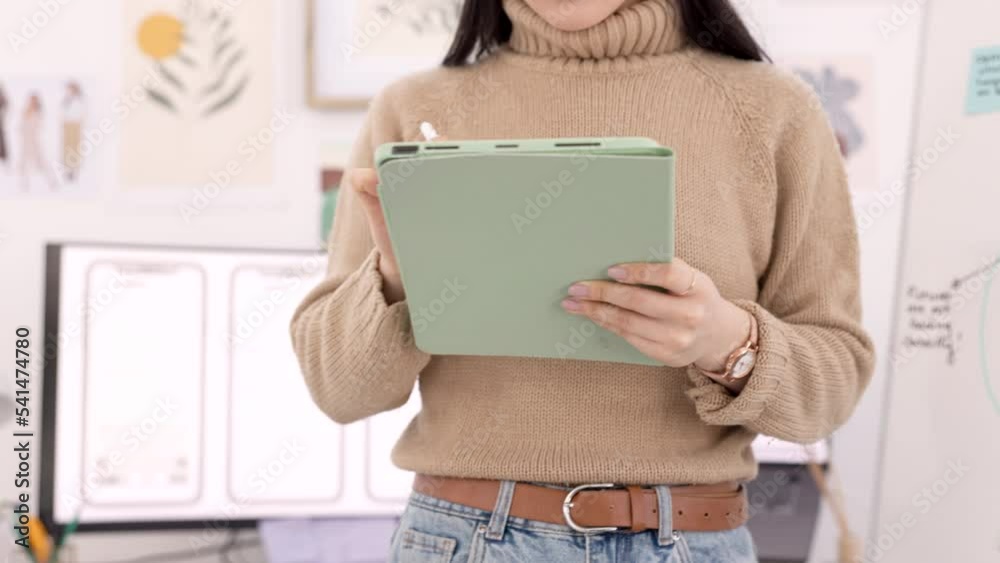 Poster Woman, tablet or planning for ux web design, creative website code or software app seo. Developer, programmer or digital engineer with technology stylus for designer coding strategy or ui programming