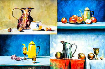 oil painting by hand, four still lifes in one.  in the picture: jugs, apples, fruits.  yellow and blue background