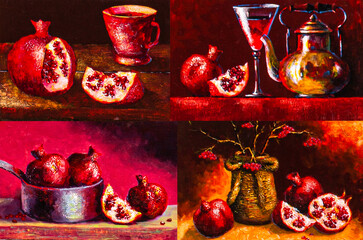oil painting, 4 still lifes in one, drawing of pomegranates