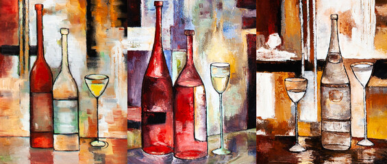oil painting, still life: a bottle of champagne, wine and a glass. 3 in 1,  collage of 3 paintings - 541474963