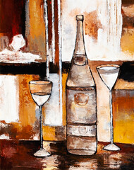 oil painting, still life: a bottle of champagne and a glass. - 541474981