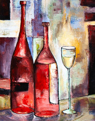 oil painting by hand, still life: wine bottles and a glass.