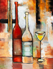 oil painting by hand, still life: wine bottles and a glass.