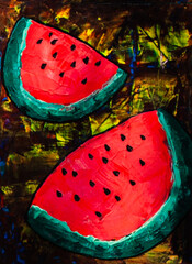 oil painting of a watermelon.  view from above.  two slices of watermelon in a cut