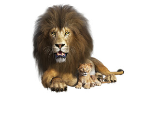 Big lion with cub, 3d render isolated on transparent background PNG © Carlos